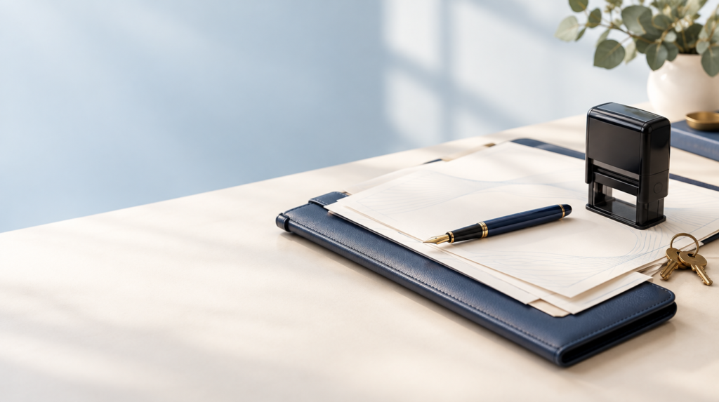 Navy document folio, notary stamp, pen, and house keys on a softly lit desk.